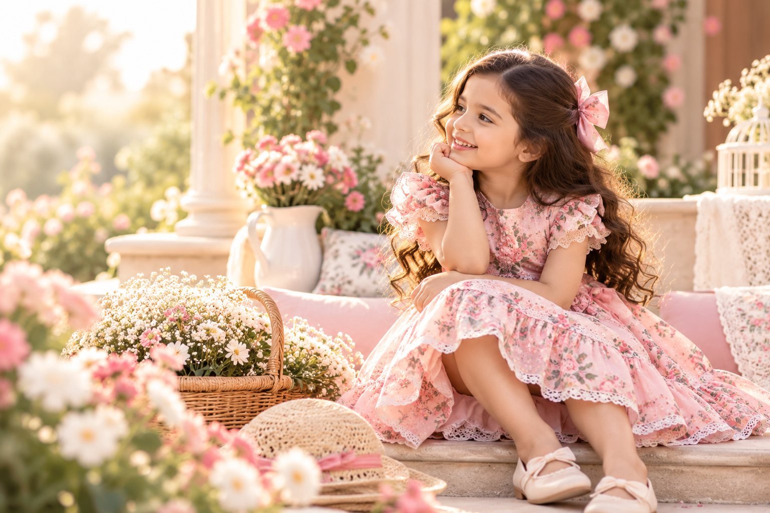 Smiling little girl in a pink floral lawn frock sitting among garden flowers in warm golden light