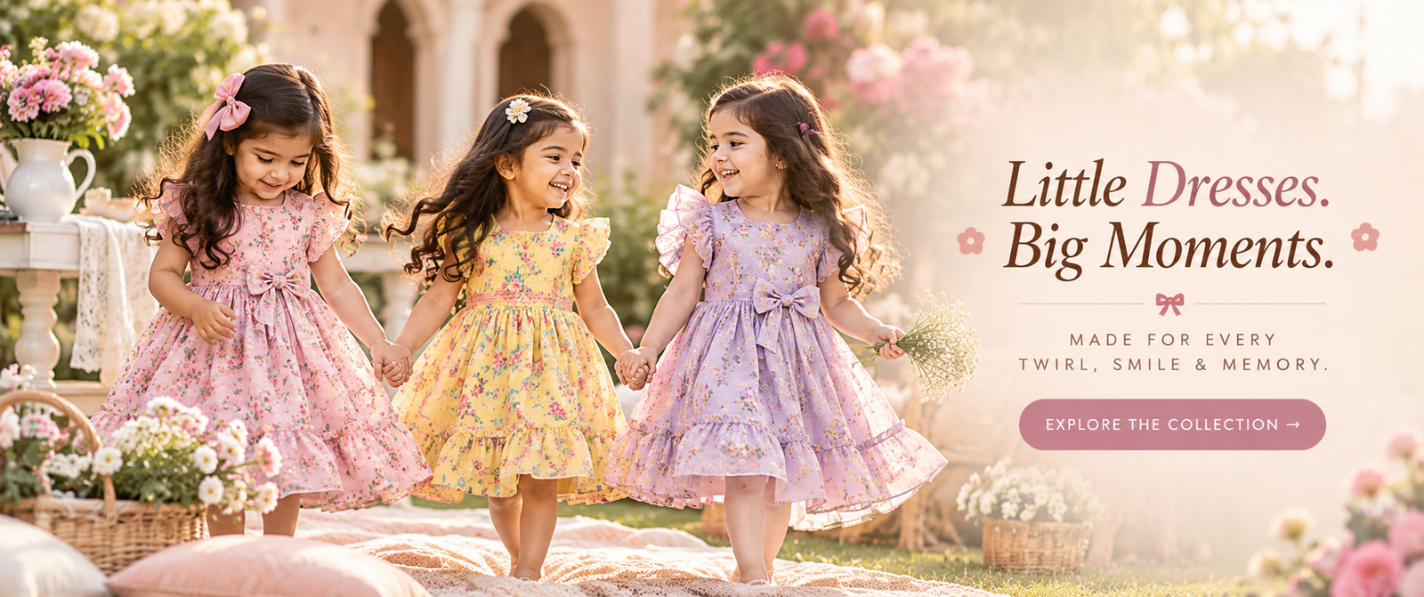 Three little girls in pastel pink, yellow and lilac floral dresses holding hands in a flower garden — Little Dresses. Big Moments.