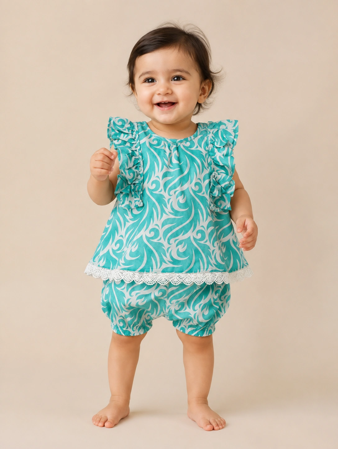 Aqua Bow baby girl lawn top & shorts set — front view