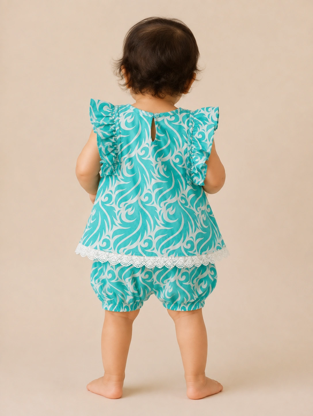Aqua Bow back view with white crochet lace