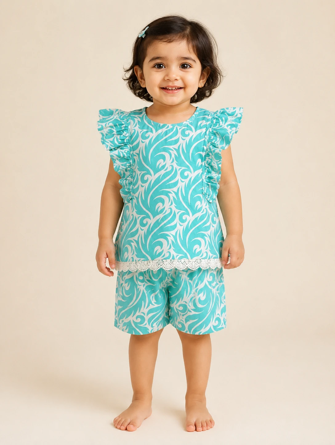 Aqua Swirl baby girl lawn top & shorts set — front view