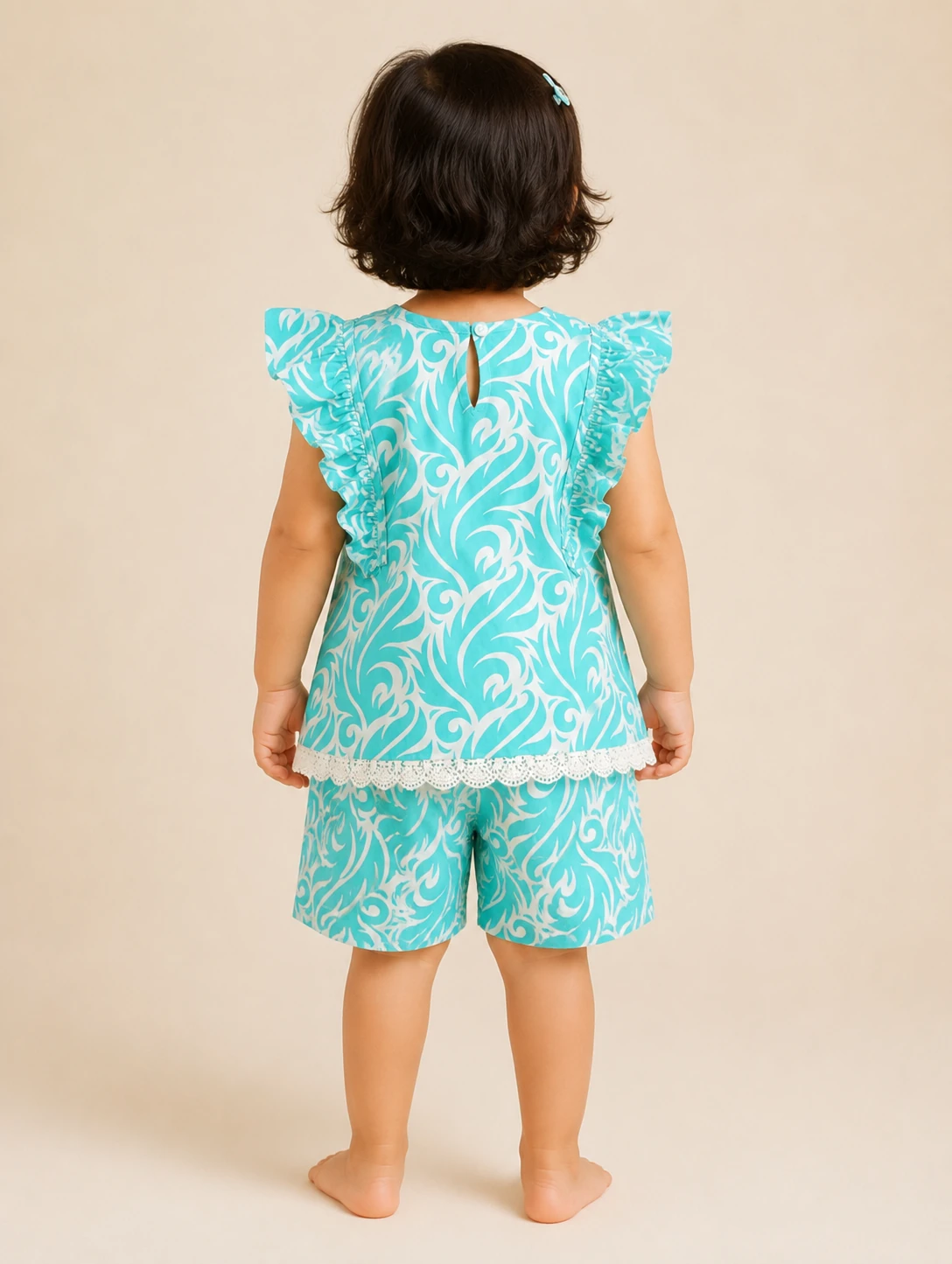 Aqua Swirl back view with white crochet lace