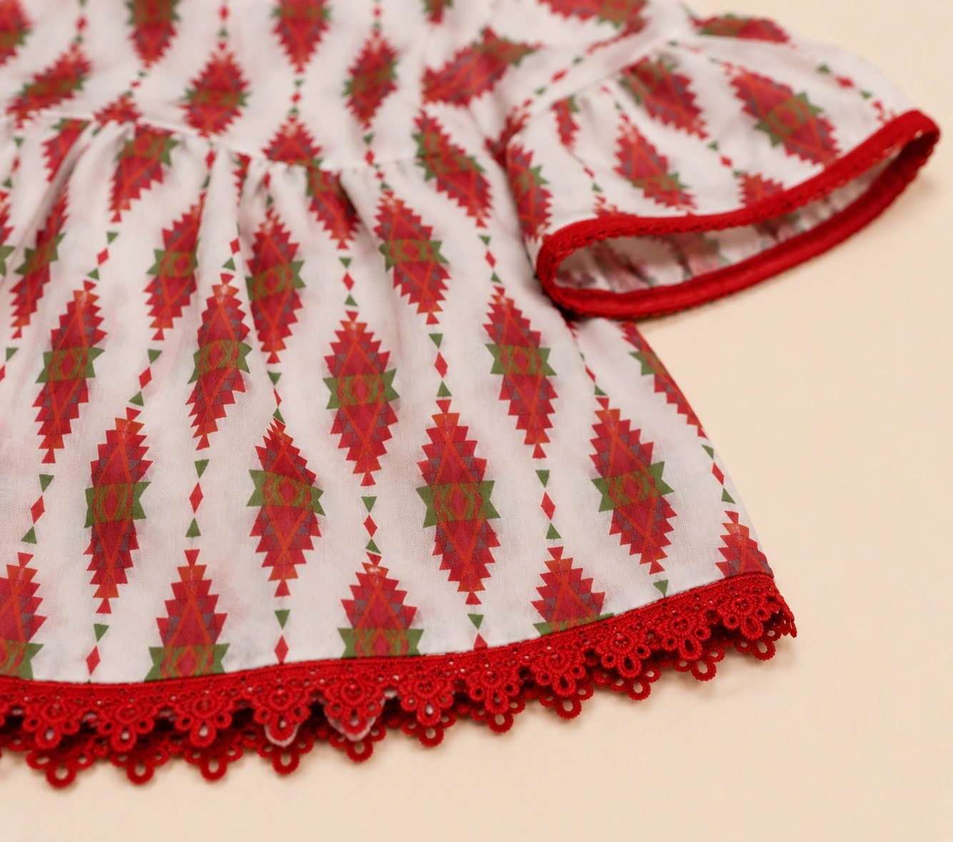 Close-up of red crochet lace and Aztec print