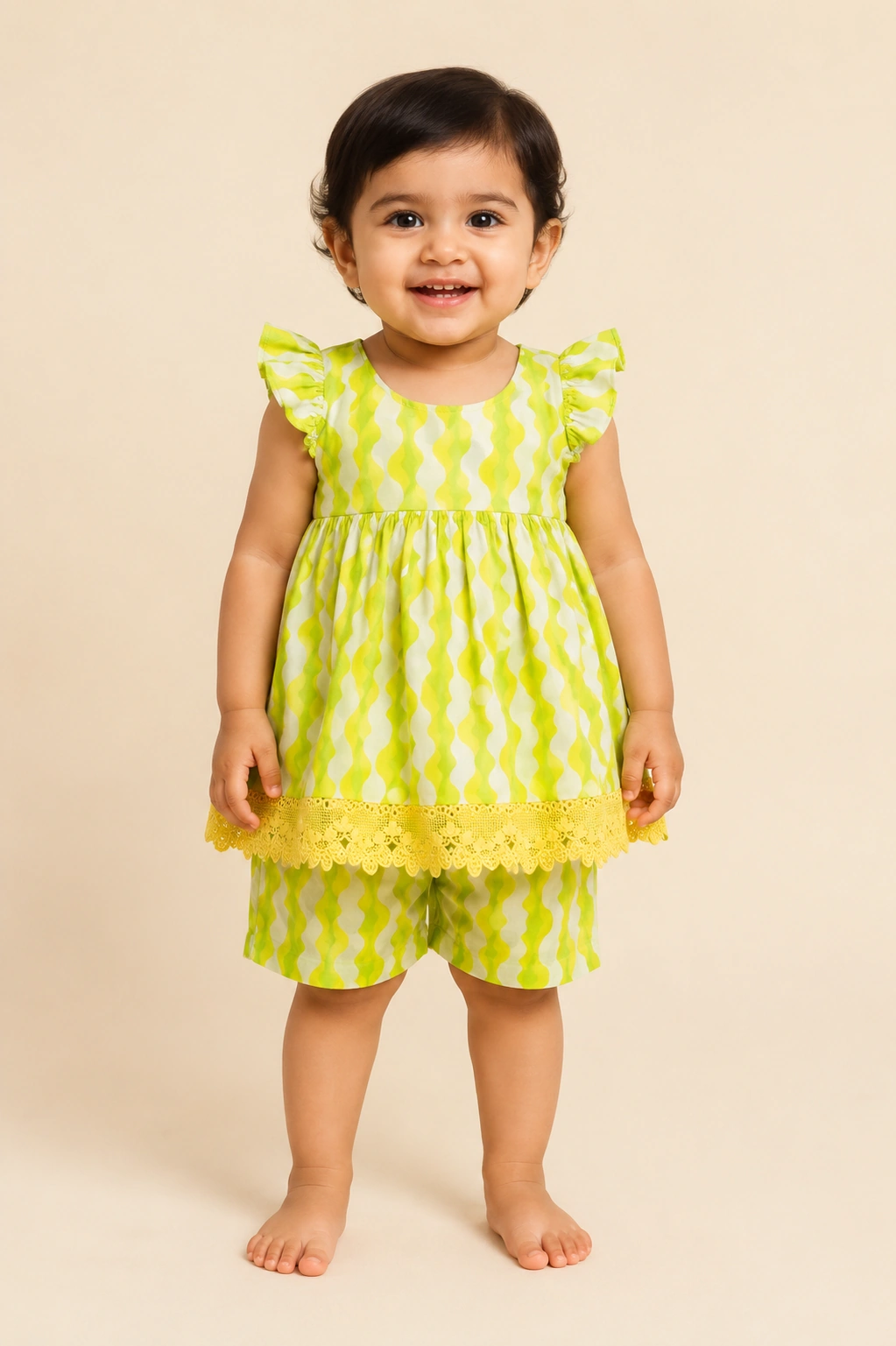 Citrus Ruffle baby girl lawn frock & shorts set — front view