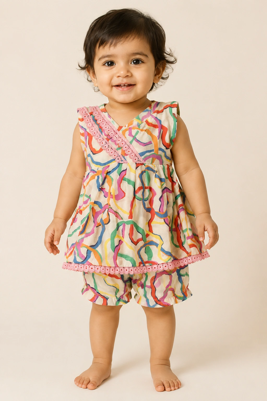 Confetti Swirl baby girl lawn top & shorts set — front view