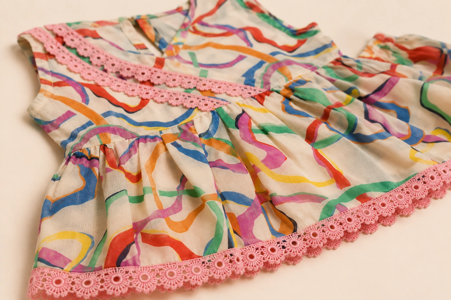 Close-up of pink daisy lace and swirl print