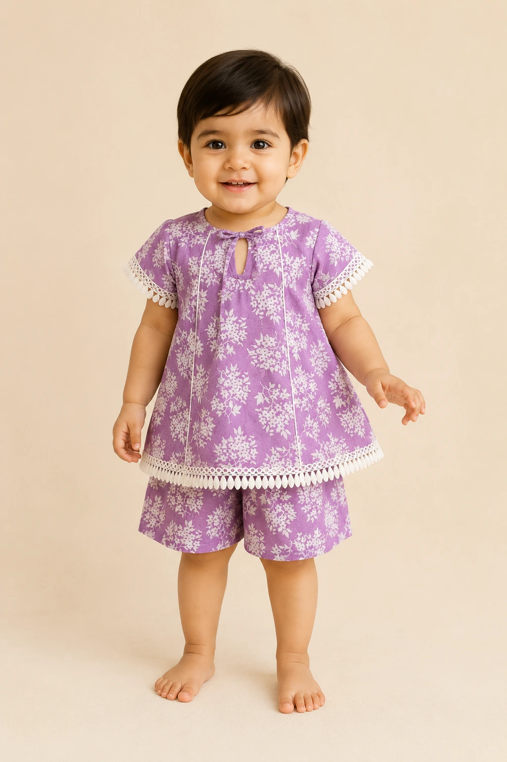 Lilac Blossom baby girl lawn top & shorts set — front view