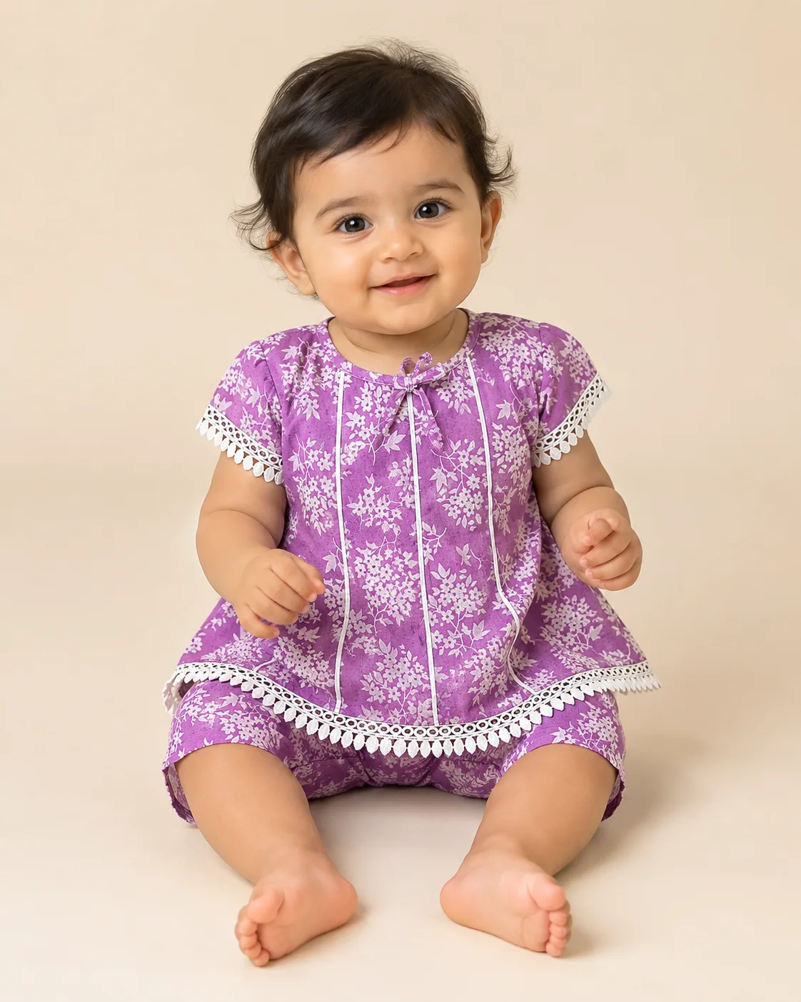 Lilac Pintuck baby girl lawn top & shorts set — front view