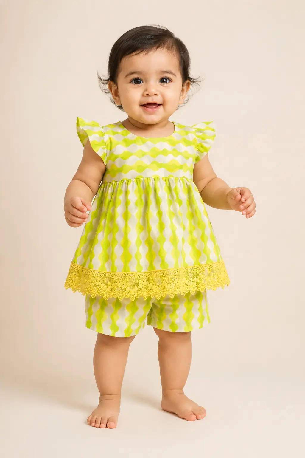Lime Wave baby girl lawn frock & shorts set — front view