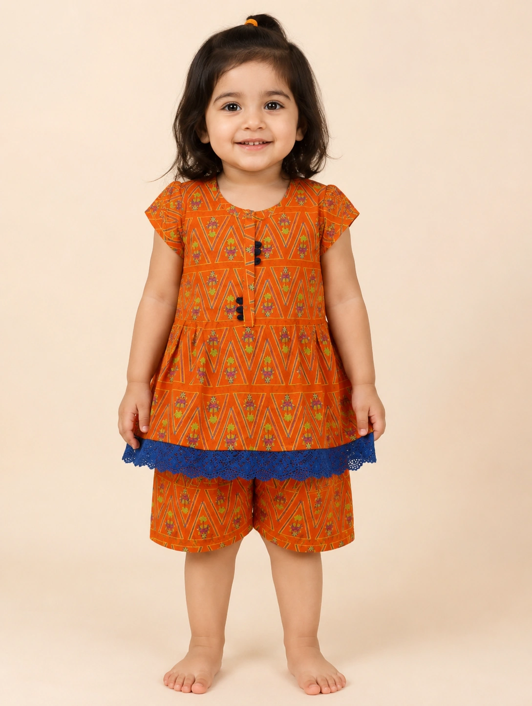 Marigold Aztec baby girl lawn top & shorts set — front view