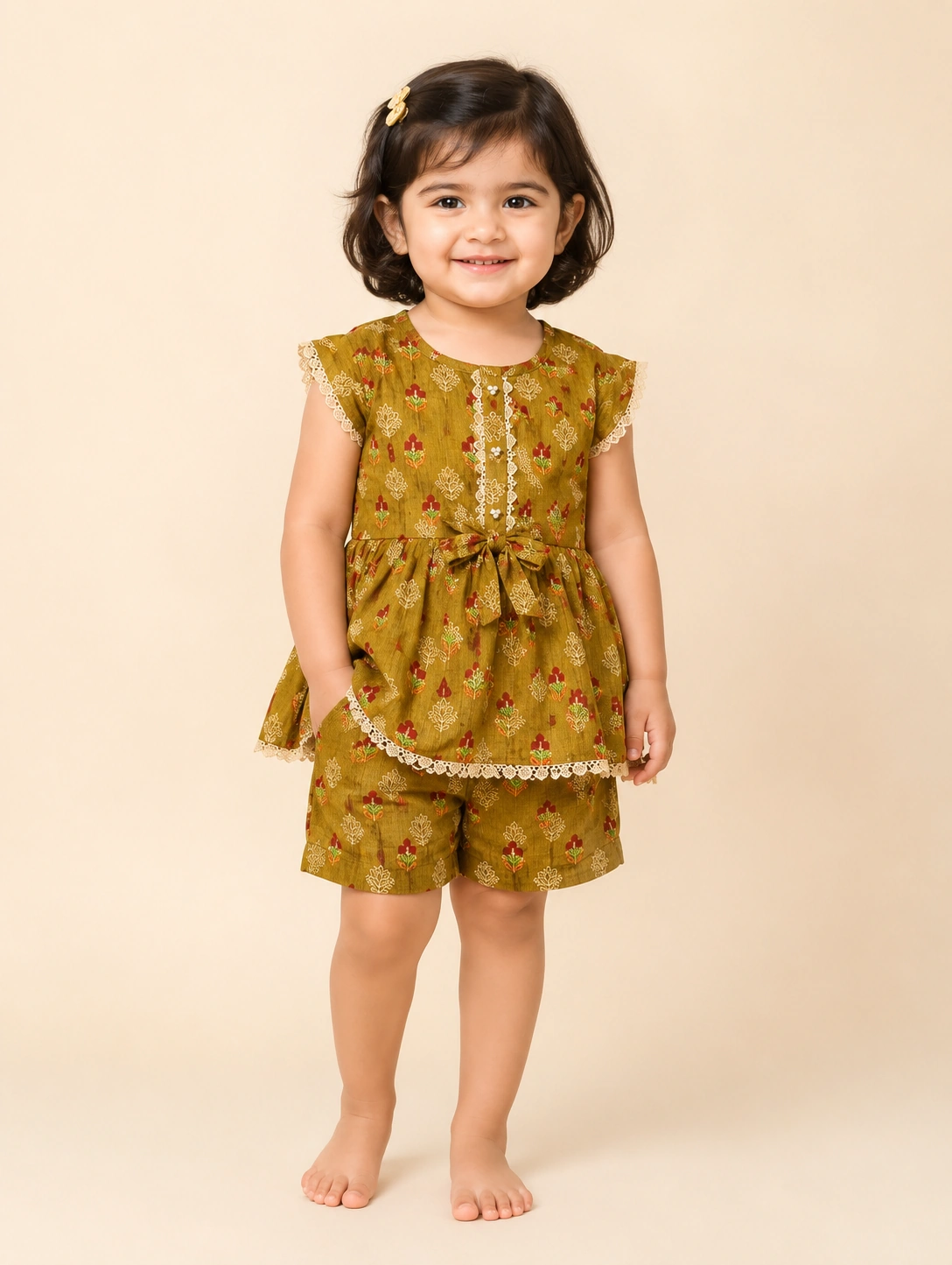 Olive Meadow baby girl lawn top & shorts set — front view