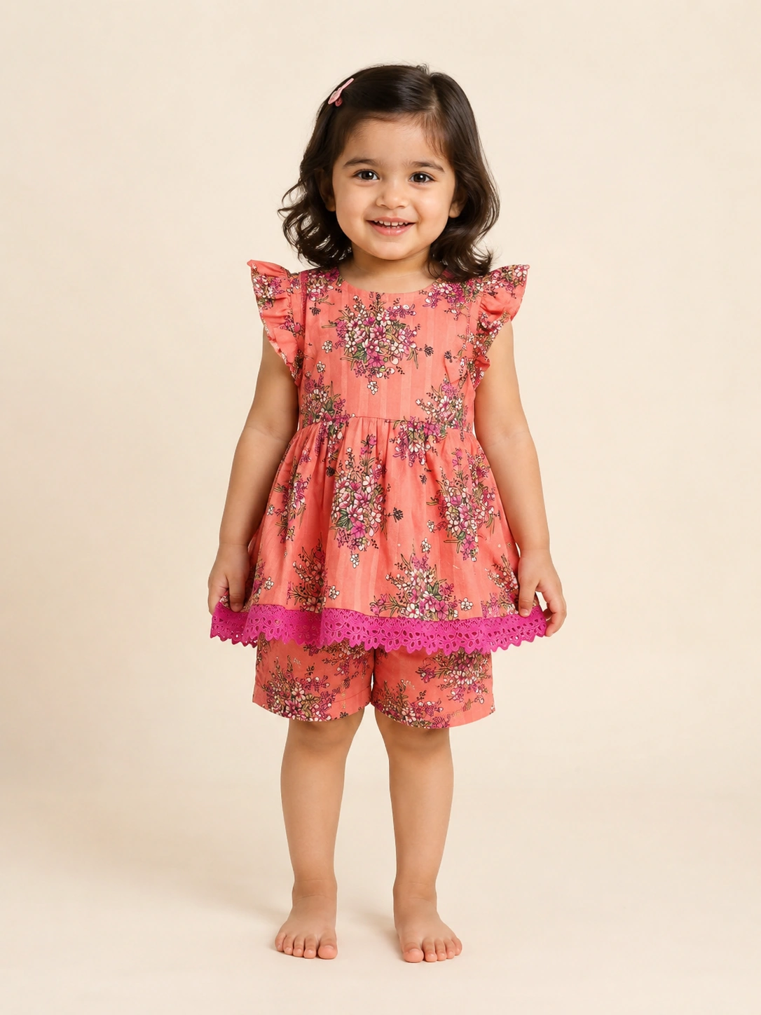 Peach Bloom baby girl lawn top & shorts set — front view