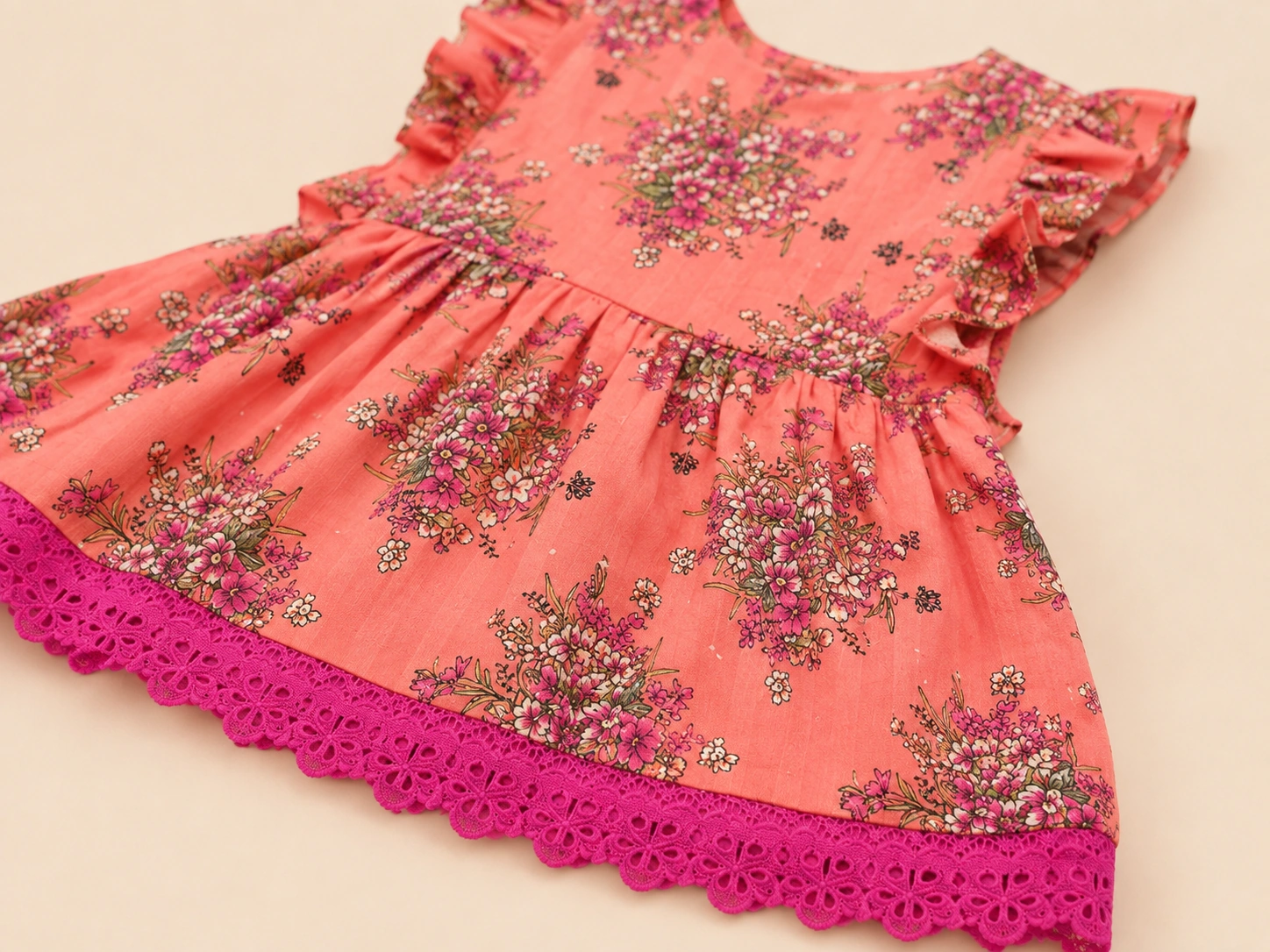 Close-up of magenta eyelet lace and floral print