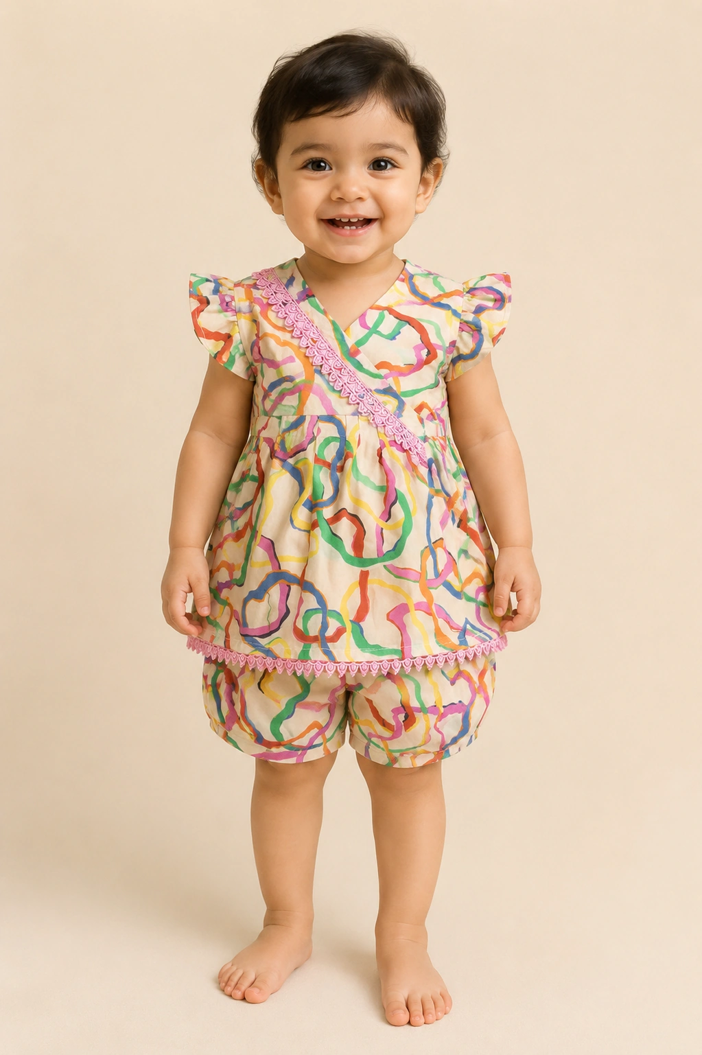 Rainbow Ribbon baby girl lawn top & shorts set — front view