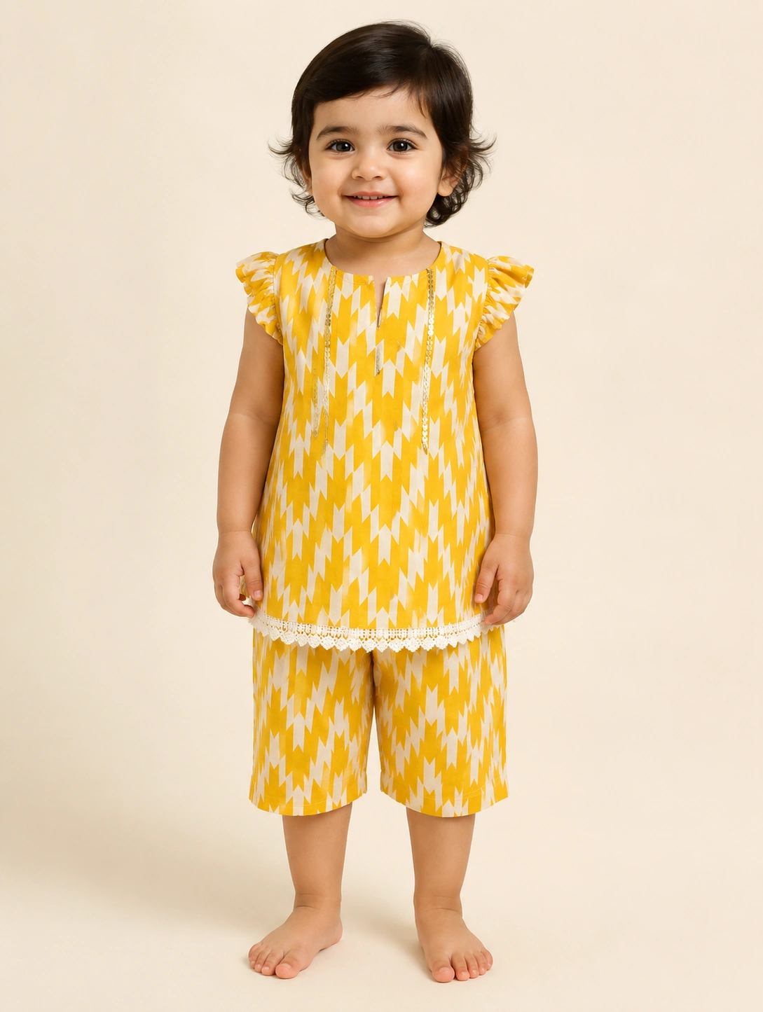 Sunburst Ikat baby girl lawn top & shorts set — front view