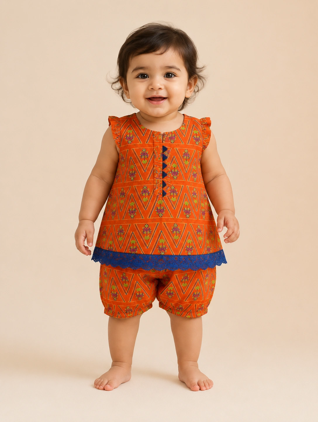 Tangerine Aztec baby girl lawn top & shorts set — front view