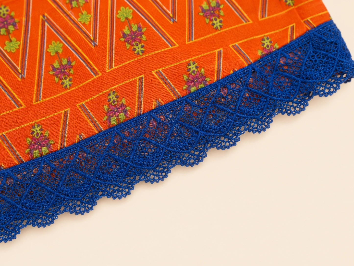 Royal-blue crochet lace trim detail